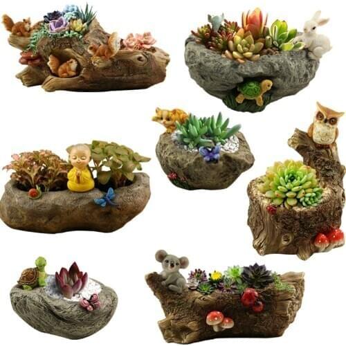 Animal Figure Resin Succulent Pot Cartoon Fake Stone Flower Vase Desktop Bonsai Home Decoration Stump Plant Pot