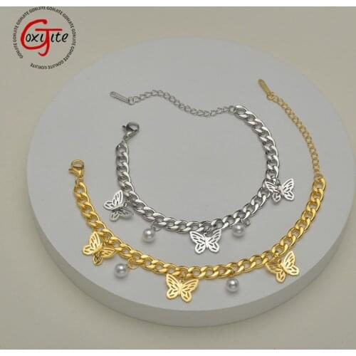 Goxijite 2021 Gold Butterflies Bracelet For Women Stainless Steel Pearl Hand Chain Charming Bracelets Fashion Jewelry Gift