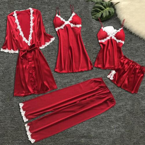 Hot 5-Piece Set Of Women Sexy Lingerie Pajamas Silk Women Bathrobe Lace Nightdress + Camisole + Shorts + Trousers + Bathrobe
