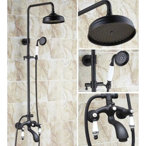 Black Oil Rubbed Brass Dual Ceramic Handles Bathroom 8 Inch Round Rain Shower Faucet Set Bath Tub Mixer Tap Hand Shower mhg132