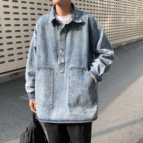 Korean Pullover Denim Jacket Mens Fashion Retro Pocket Denim Jackets Mens Streetwear Loose Hip-hop Bomber Jacket Men S-2XL