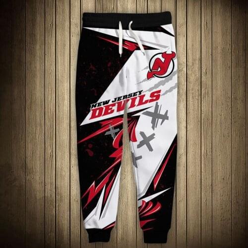 New Jersey mens casual Devils sports pants Black and white stitching red flower geometric pattern printing sweatpants