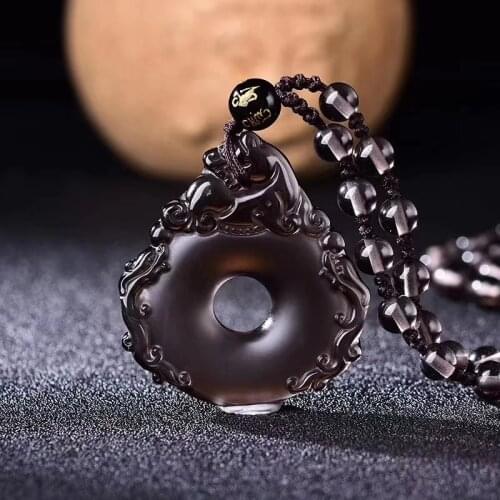 Nature ice class obsidian amulet hand carven Foo Dog pendant with mala bead necklace Very rare