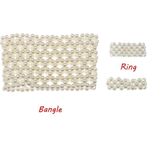 New Pave Pearls Weave Ring Set Bangle Women Elastic Pearl Braided Bracelet Rings for Bride Elegant Jewelry Girl Gift Fine Bijoux