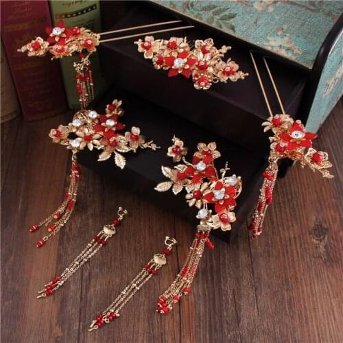 New Bride Ancient Costume Headdress Chinese Wedding Hair Ornaments Set Tassels Hairpin Traditional Wedding Dress Hair Accessorie
