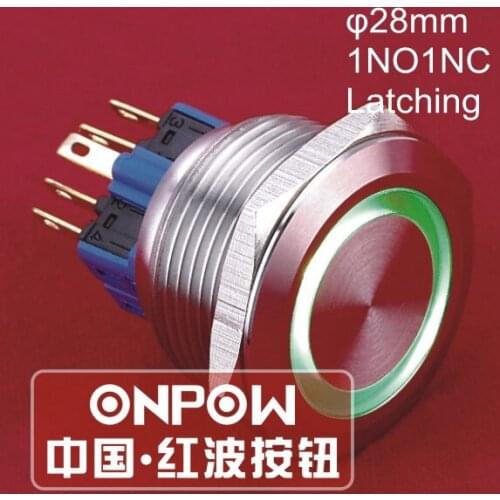 ONPOW 28mm 12V Green LED ring illuminated Stainless steel 1NO1NC Latching Metal Push Button switch (GQ28-11ZE/G/12V/S) CE, ROHS