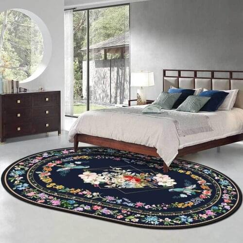 Oval European Style Cerpet Pastoral Flower Wreath Mat For Living Room Bedroom Bedside Blue White Soft Non Slip Bedroom Floor Mat