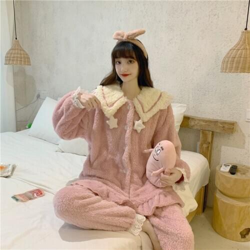 Princess Coral Velvet Warm Women Nightgown Kawaii Collar Thick Long Sleeve Solid Winter Pajamas Suit Girls Night Dress Sleepwear