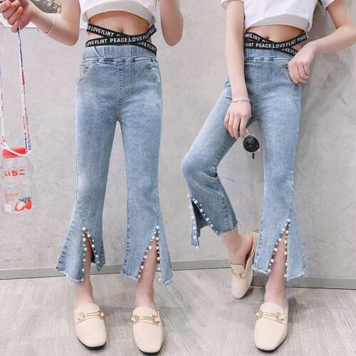 Split Beading Flare Jeans For Big Girls Fashion Irregulare Elastic Slim Denim Pants Toddler Kids Clothing Teen Trousers 12 13 14