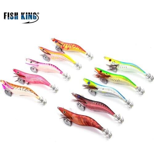 FISHING KING 1PC Squid Jigs Jigging Winter Fishing LureArtificial Luminous Wood Shrimp Squid Lure Hard Pesca Fishing Accessory