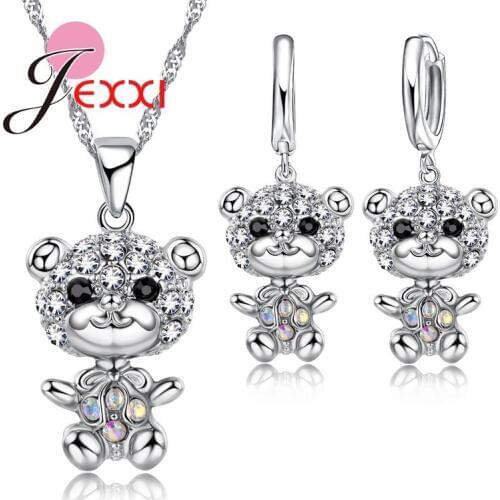 Cartoon Design Full African AAA Crystal Animal Bear Pendant Necklace Earrings Sets 925 Sterling Silver Wedding Jewelry