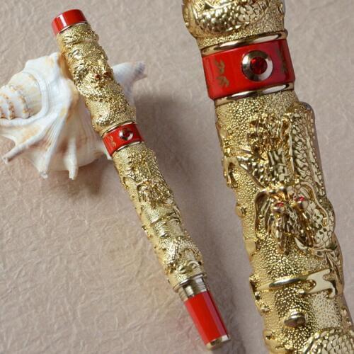 ROLLER BALL PEN JINHAO GOLDEN AND RED TWO DRAGON PLAY PEARL CRYSTAL BUSINESS STATIONERY BEST GIFT COLLECTION