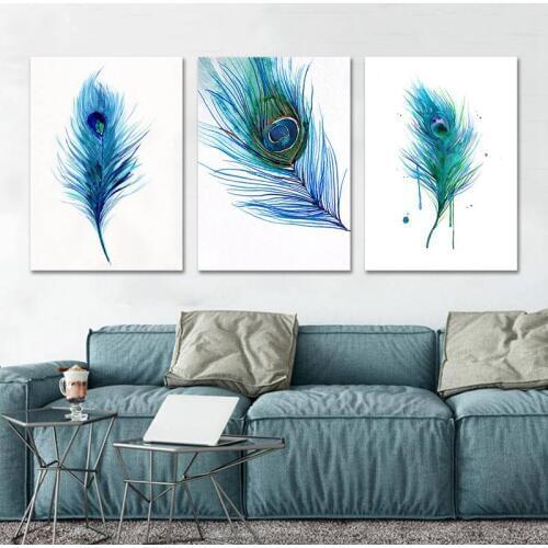 Modern Nordic Poster Blue Peacock Feather Home Decor Wall Art Print Canvas Painting Livingroom Pictures Decoration