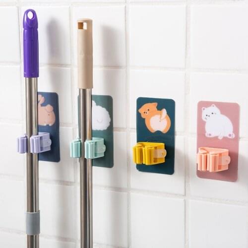 Cartoons Mop Rack Bathroom Wall Mounted Shelf Organizer Hook Broom Holder Hanger Behind Doors/On Walls Kitchen Storage Tool