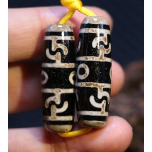 Treasure Talisman pair of Magic Energy Tibetan old Agate 3 eye lianshifaqi totem dZi Bead 38*13mm FR ZZY timestown