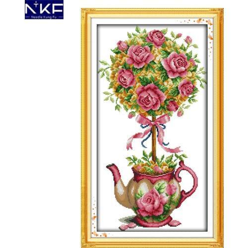 NKF The Bouquet and Teapot Stamped Cross Stitch 11CT 14CT DIY Needlework Embroidery Chinese Cross Stitch Set for Home Decor