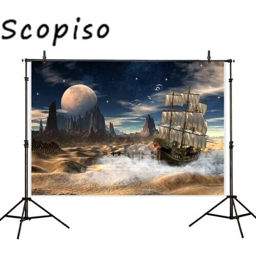 Scopiso Desert Sailboat Moon Fantasy Scene Night Sky Party Decoration Photography Backdrop Background Photo Studio Prop