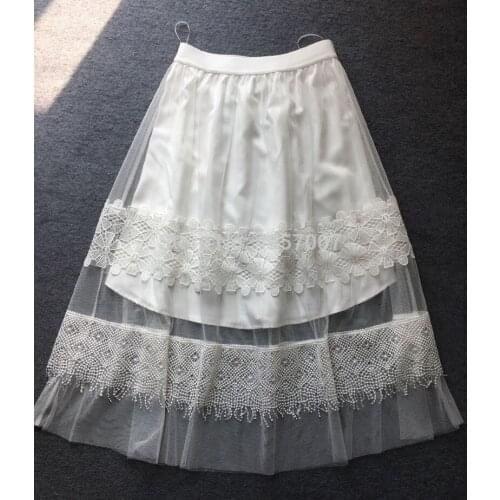 ElfStyle Elastic High Waist White Lace Mesh Patchwork Midi Skirt - 2020ss Women Hollow Out Skirt