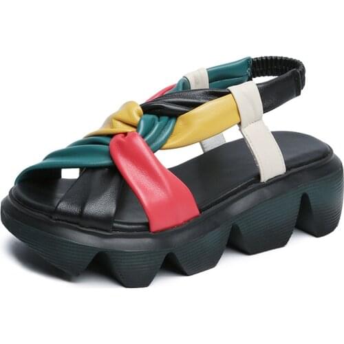 YourSeason Retro Summer Ladies Sandals 2021 Mixed Colors Concise Platform Elastic Band Wedges Shoes Genuine Leather