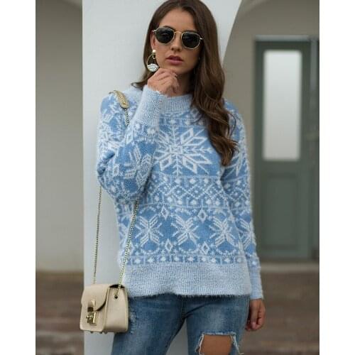 Woman Christmas Warm Sweaters Ladies Knitted O-Neck Pullover Tops Blue Pink Red Khaki 4 Color Snowflake Casual Jumpers