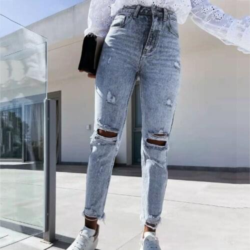 Women Slim Pants 2021 Ripped Hole Jeans Women Button High Waist Pocket Elastic Hole Jeans Trousers Slim Denim Pants