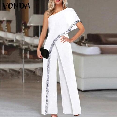 Women Summer Playsuits VONDA Wide Leg Pants Long Trousers Palazzo Ladies One Shoulder Playsuits Short Sleeve Print Jumpsuits 5XL