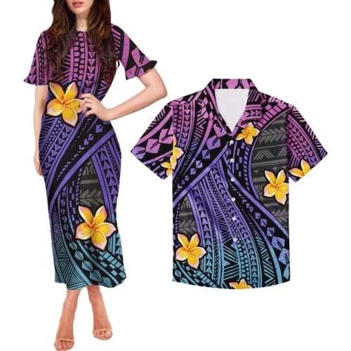 HYCOOL Women Short Sleeve Summer Long Dress Match Couple Set Polynesian Tribal Men Plus Size Shirt Gradient Purple Bodycon Dress
