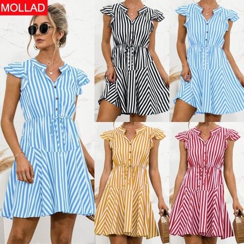 2021summer New Hot Sale Sexy V-neck Striped Button Dress Mini Summer Women Dresses
