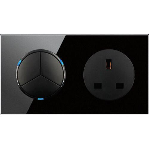 146 Type 3 gang 2 way UK switch Crystal Tempered Pure Glass Panel 13a Double Eu Standard Wall Power Socket Grounded black