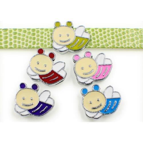 50PCS 8mm Alloy Colorful Cute Bee Slide Charms Slide Beads DIY 8mm Bracelets Wristbands,Belt Straps Pet Name Collar Wholesale