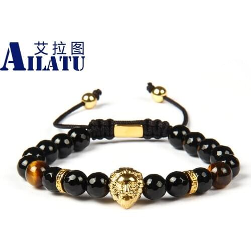 Ailatu Animal Charm Bracelet Stainless Steel Lion Head Men Bracelet with Natural Faceted Black Onyx Stone Beads Top Quality