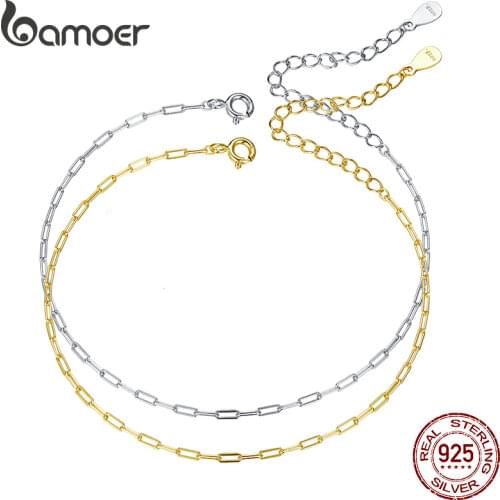 BAMOER Two Colors Real 925 Sterling Silver Simple Bracelet Gold Basic Cable Chain Hollow Link for Women Fashion Jewelry SCB221