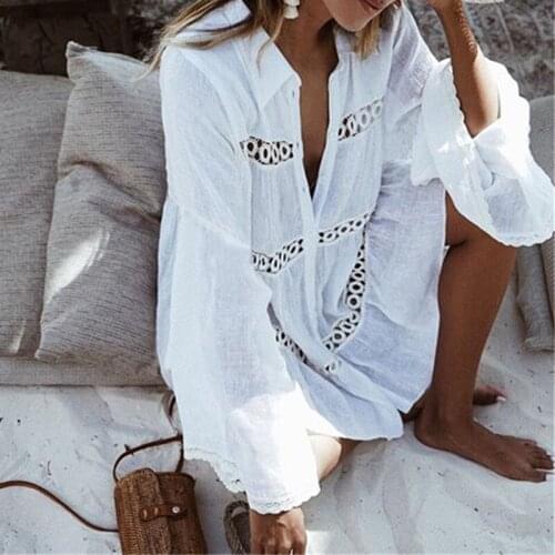 Boho White Bikini Cover Ups Women Long Sleeve Turn-down Collar Loose Mini Dress Beach Holiday Casual A-Line Dress Swimwear
