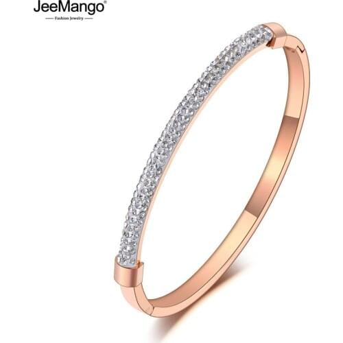 JeeMango Sparkling Full Clay Crystal Stainless Steel Bangles Bracelets For Women Girls Rose Gold Cuff Bracelet Jewelry JB19065