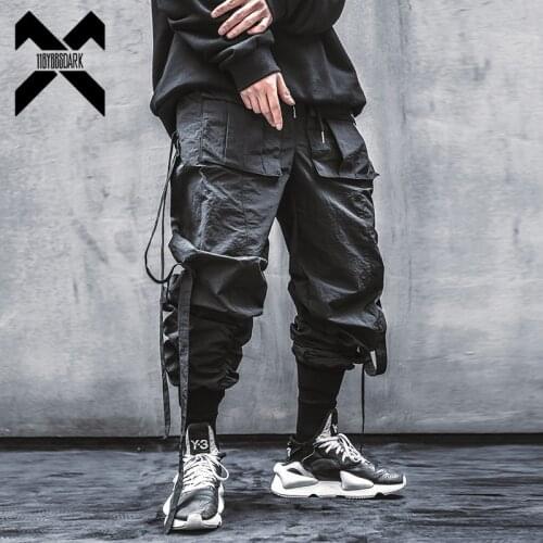 11 BYBBS DARK Joggers Pants Men Streetwear Ankle-length Cargo Pants Ribbons Elastic Waist Black Pant Hip Hop Male WB061