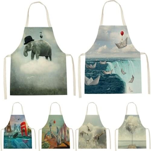 1Pcs Nature Ocean Scenery Animal Print Apron MenS And WomenS Kitchen Cooking Baking Accessories Waist Bib Antifouling Pinafore