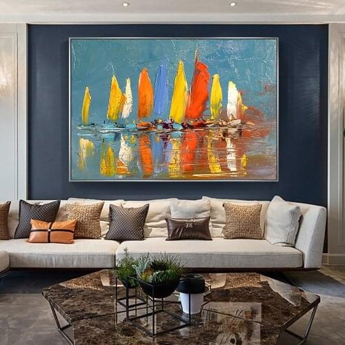 100% Hand-Painted Sailboat Oil Painting On Canvas Modern Abstract Art For Gift Home Decor Living Room Office Wall Art Pictures