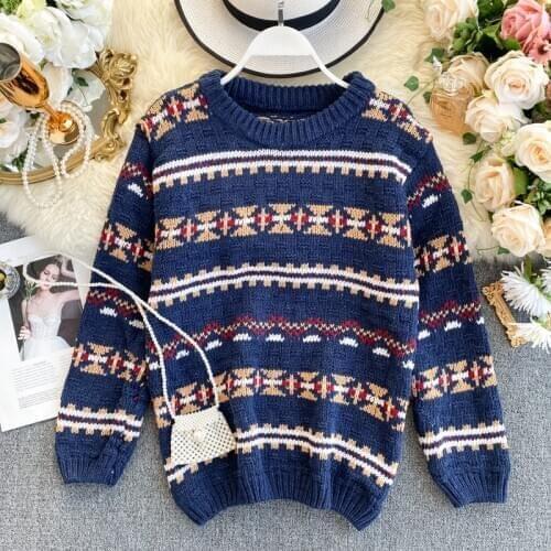 Korean College Style Autumn Winter Geometric Pattern Argyle Pullovers Loose Oversized O-Neck Knitted Sweaters Woman Jumper Mujer