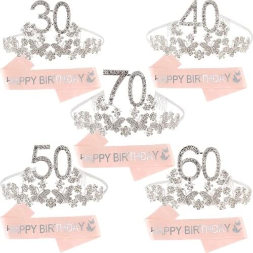 Birthday Queen Sash and Crown for Women 30 40 50 60 70 Birthday Party Decor Butterfly Silver Crystal Tiara Sash Hair Accessories