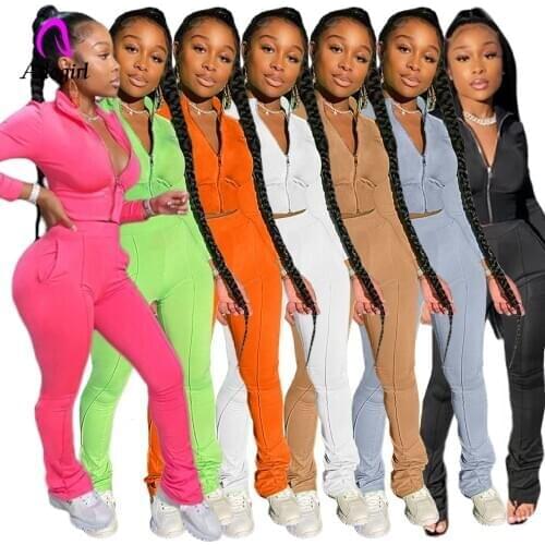 Fitness Women Solid 2 Piece Set Tracksuit Autumn Long Sleeve Zipper Coat Pencil Pants with Pockets Slim Jogging Sweatpant Suit