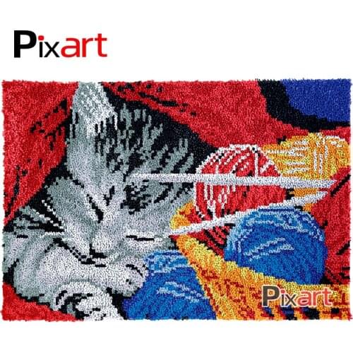 Latch Hook Rug Sleeping Kitten Crocheting Tapestry Kits DIY Carpet Rug Chunky Yarn Needlework Knitted Floor Mat Hobby & Crafts