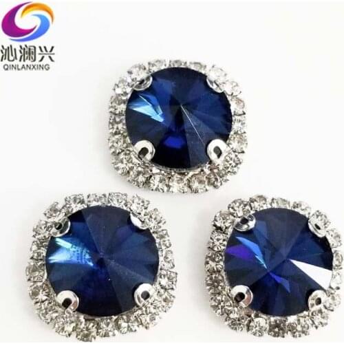 Round shape top glass crystal rhinestones with hole,Ink blue Silver bottom sew on stone for Diy Clothing accessories SWWK21