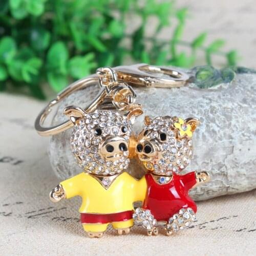 Lovely Double Lover Pig Flower Crystal Rhinestone Charm Pendant Purse Bag Car Key Ring Chain Creative Wedding Valentines Gift