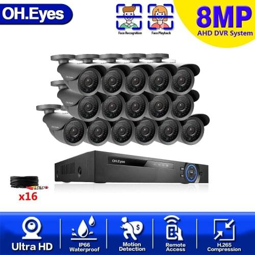 OH.eyes HDMI 16CH 8MP DVR 16Pcs 8.0MP Bullet Camera 4K AHD Home Security Surveillance CCTV System Kit Remote View By Phone