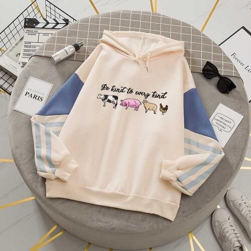 Color Block Long Sleeve Harajuku Hoodie Women Pullover Sweatshirt Cute Cartoon Animal Print Autumn Winter Funny Sweatshirt