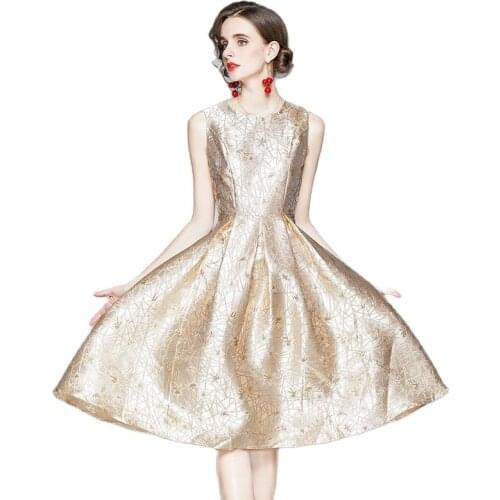 BunniesFairy Winter Vintage Hepburn Royal Golden Geometric Embroidery Jacquard Embossed Floral Midi Sleeveless Dress Plus Size