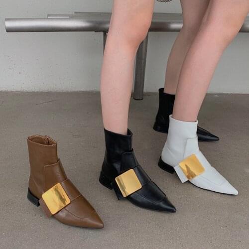 Pointed Toe Women Ankle Boots Chelsea Boots Gold Mixed Color Flat Mid Heels Black/White/Brown Side Zipper Ankle Boots Size 35-39