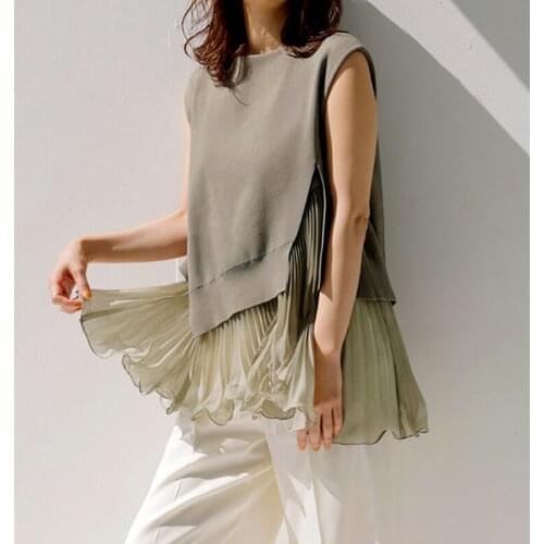 Ruffles Pleated Irregular Patchwork Pullovers Simple O Neck Sleeveless Chic Tops Summer Japan Style Office Lady Elegant Tshirts