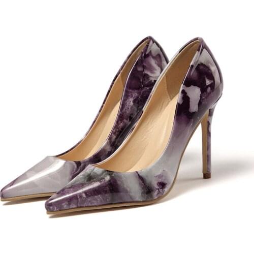 Stone pattern pointed toe stilettos women trendy shine leather shallow slip on single pumps plus size super high thin heel shoes