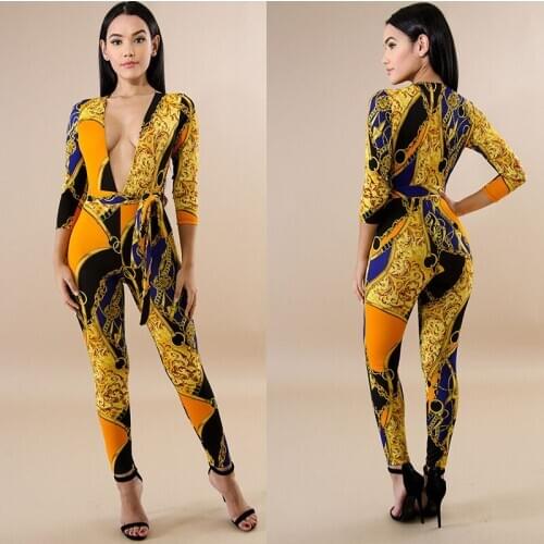 Autumn Winter Casual Fashion Overalls Deep V-Neck Bodycon Jumpsuit Romper Sexy Gold Chain Print Long Sleeve Jumpsuit with Belt